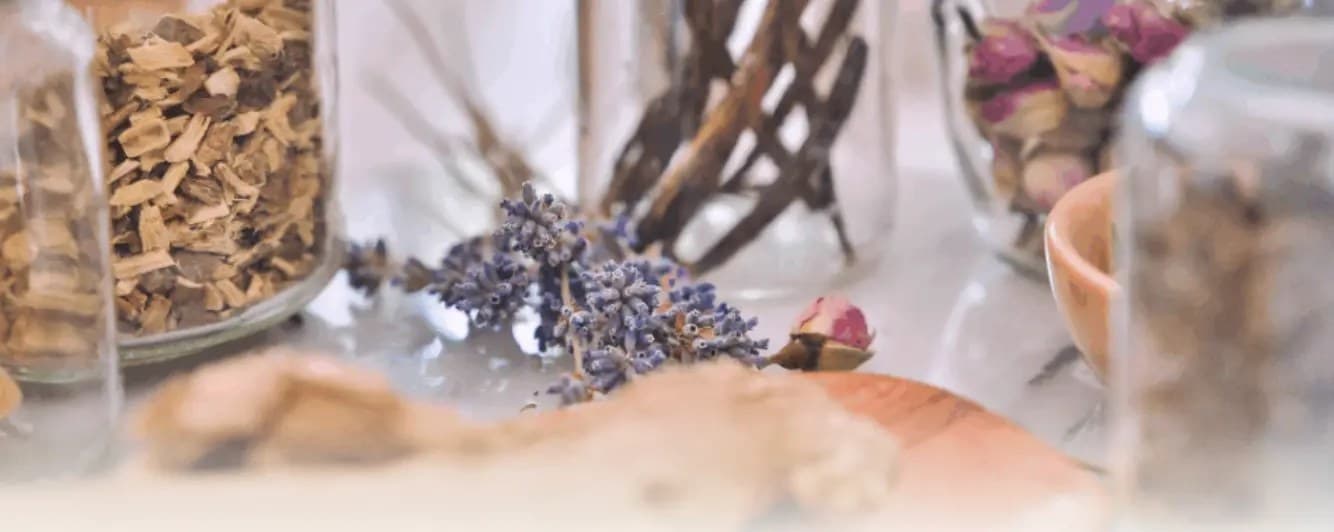 Bocaux de plantes séchées, brins de lavande, boutons de rose et racine de gingembre