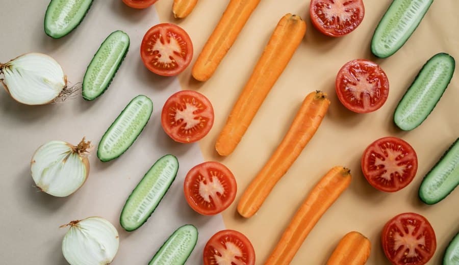 Légumes frais tranchés, disposés à plat sur un fond beige